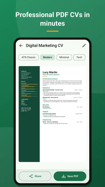 Contratado · CV preview in PDF