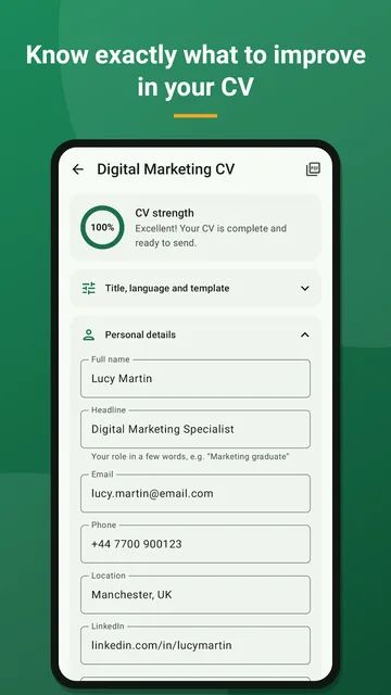 Contratado · CV editor with strength meter