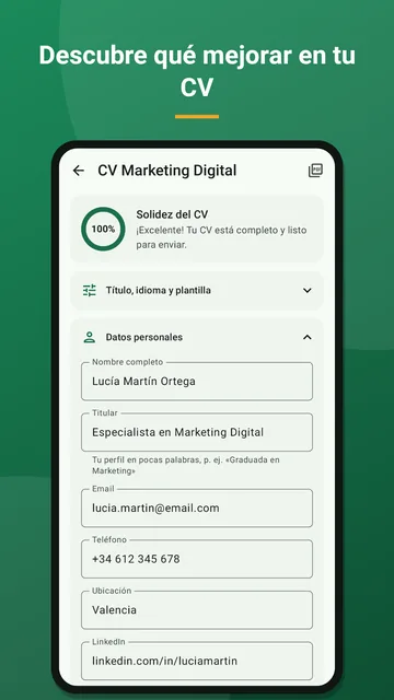 Contratado · Editor de CV con medidor de solidez